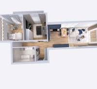 Floor plan of a 3-room apartment with a kitchen, living room, and two bedrooms.