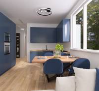 Kitchen in a 3-room apartment with blue cabinets and a large window with a view.