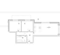 Floor plan of a 3-room apartment with a bathroom, living room, and kitchen.