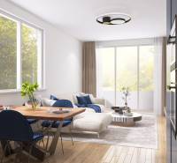 A bright living room in a 3-room apartment with blue chairs and large windows.