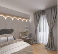The bedroom design includes a bed, a desk, and curtains in a 3-room apartment.