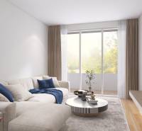 A bright living space with a comfortable sofa and large windows in a 3-room apartment.