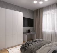 Bedroom in a 3-room apartment with a wardrobe, bed, and TV on the wall.