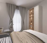 Bedroom in a 3-room apartment with a bed, table, shelves, and curtains.