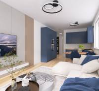 Living room in a three-room apartment with a sofa, television, and kitchenette.