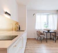 A kitchen with gold accessories and a dining area in a studio apartment.