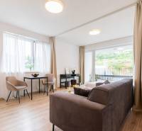 A bright room with a sofa, dining table, and large window in a studio apartment.