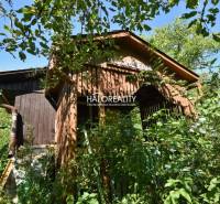 A wooden cottage in the gardens of Nová Baňa, surrounded by lush vegetation and a blue sky.