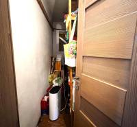 A narrow room in a family house with shelves and stored supplies.