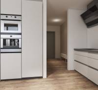 A kitchen in a studio apartment with built-in appliances and a coffee maker on the countertop.