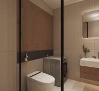Bathroom in a studio apartment with a washing machine, shower, and sink, elegant lighting.