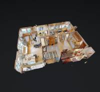 3D floor plan of commercial spaces with layout of individual rooms.