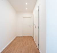 A bright hallway with wooden flooring and white doors in a 3-room apartment.