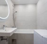 A bathroom in a 3-room apartment with a mirror, bathtub, and washing machine.