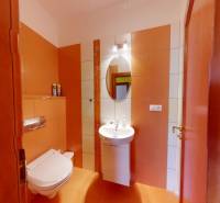 A bathroom in a 3-room apartment with orange tiles, an oval mirror, and a white sink.