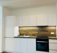 A kitchen with white cabinets and a wooden countertop in a studio apartment.