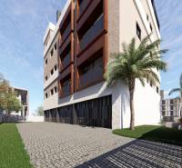 Apartment building in San Pedro del Pinatar with palm trees, lawn, and paved driveway.