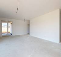 A spacious unfurnished room in a family house with white walls and double doors.