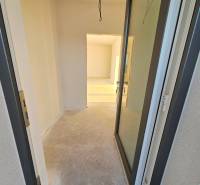 Entrance hallway to a family house with glass doors and a concrete floor.
