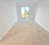 An empty room with white walls, a concrete floor, a French window, and a view of the garden.