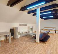 Attic room with furniture and wooden floor in the building.