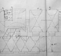 Floor plan of a building with offices, a store, and warehouses. Architectural design.