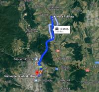 Map showing the route from Námestie osloboditeľov to Nová Pohora, 15.6 km long.