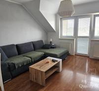 A bright living room in a three-room apartment with a dark sofa and a wooden coffee table.