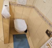 A toilet with tiled walls, a blue mat, and a radiator in a 3-room apartment.