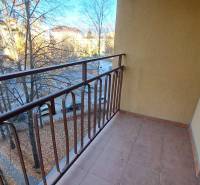 Balcony on Štúrova Street in Poprad, view of trees and a parking lot.