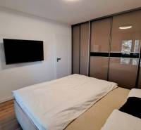 Bedroom in a 2-room apartment with a wardrobe, television, and bed.