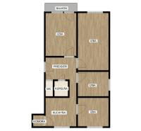Floor plan of a 4-room apartment with a balcony, hallway, bathroom, toilet, and kitchen.