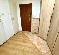 Entrance hall with light furniture and wooden doors in a 4-room apartment.