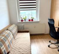 A room with a sofa, an office chair, a desk, and flowers on the windowsill in a 4-room apartment.
