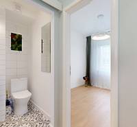 Bathroom with toilet and next to it a room with natural lighting in a 2-room apartment.