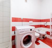 A bathroom in a studio apartment with a washing machine, shower, and bidet.