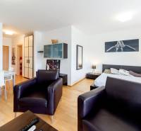 Living room in a studio apartment with a dining table and chairs, wooden floor.