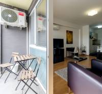 Balcony and living room in a studio apartment with seating and air conditioning.