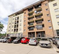 Parking lot at a residential building on Betliarska Street in Bratislava, Petržalka, with cars.