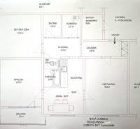The floor plan of a 3-room apartment on Trenčianska Street in Nová Dubnica includes rooms, a kitchen, and a balcony.