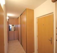 A hallway with built-in wardrobes and wooden doors in a 3-room apartment.