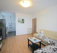 Living room of a 3-room apartment with a sofa, table, and open kitchen.