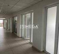 Offices with a corridor and doors, featuring a suspended ceiling and tiles.