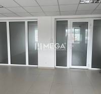 Spacious office with glass doors and white walls.