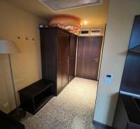 Entrance hallway in a holiday apartment with dark furniture and modern lighting.