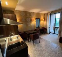 A recreational apartment with a kitchenette, dining area, and balcony offers a bright and pleasant stay.