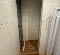 Bathroom in a 2-room apartment with a shower and wooden floor.