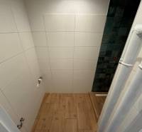 A bathroom with ceramic tiles and wooden flooring in a 2-room apartment.