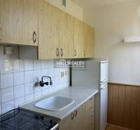 A kitchen in a studio apartment with wooden cabinets and a refrigerator, white tiles.
