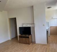 Living room in a studio apartment with a TV, dresser, door, and light near the kitchen.